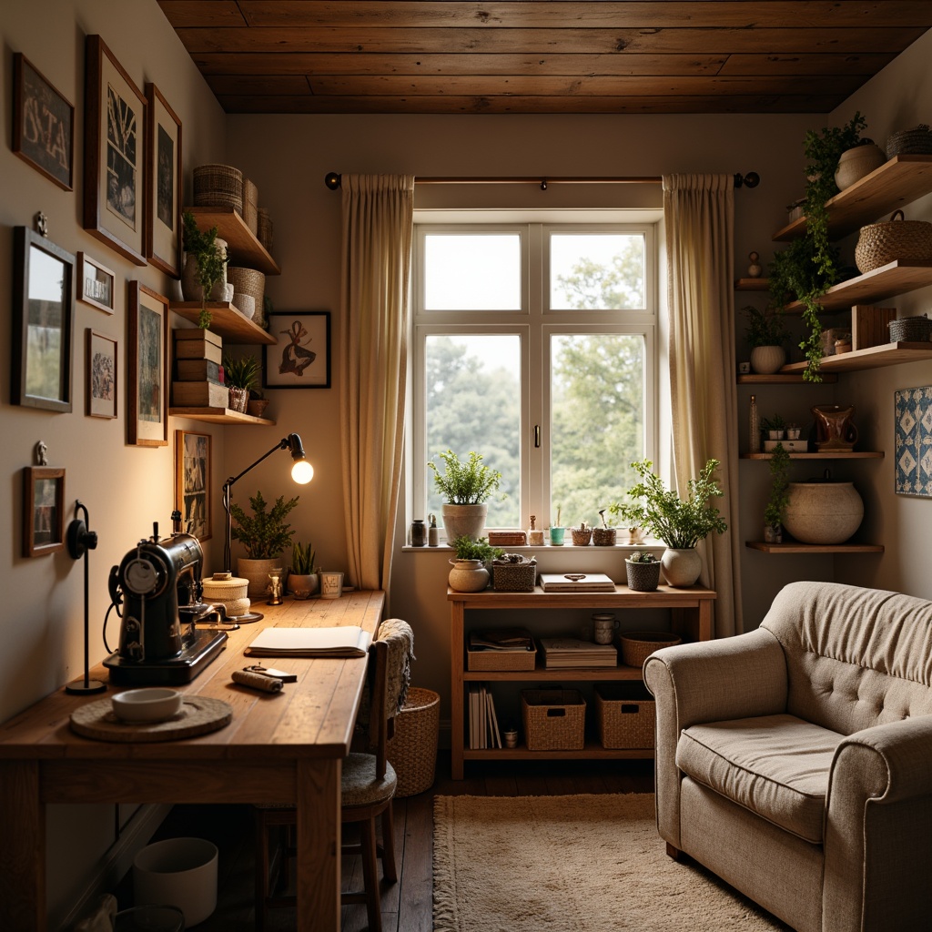 Prompt: Cozy crafting room, wooden worktable, vintage sewing machine, rustic metal lamps, soft warm glow, warm beige walls, natural textiles, earthy color palette, comfortable seating area, floor-to-ceiling bookshelves, overflowing yarn baskets, scattered craft supplies, creative clutter, gentle overhead lighting, table lamps with linen shades, warm white light bulbs, 1/1 composition, shallow depth of field, realistic textures.