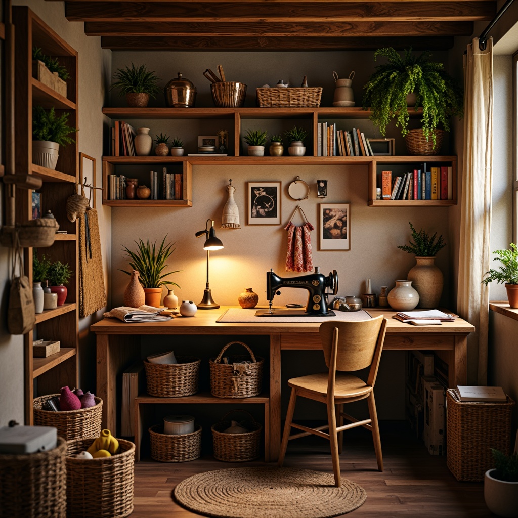 Prompt: Cozy crafting studio, warm wooden desk, soft overhead lighting, task lamps, natural materials, woven baskets, vintage sewing machines, colorful threads, rustic wooden shelves, earthy tones, softbox lights, 1/1 composition, shallow depth of field, realistic textures, ambient occlusion.