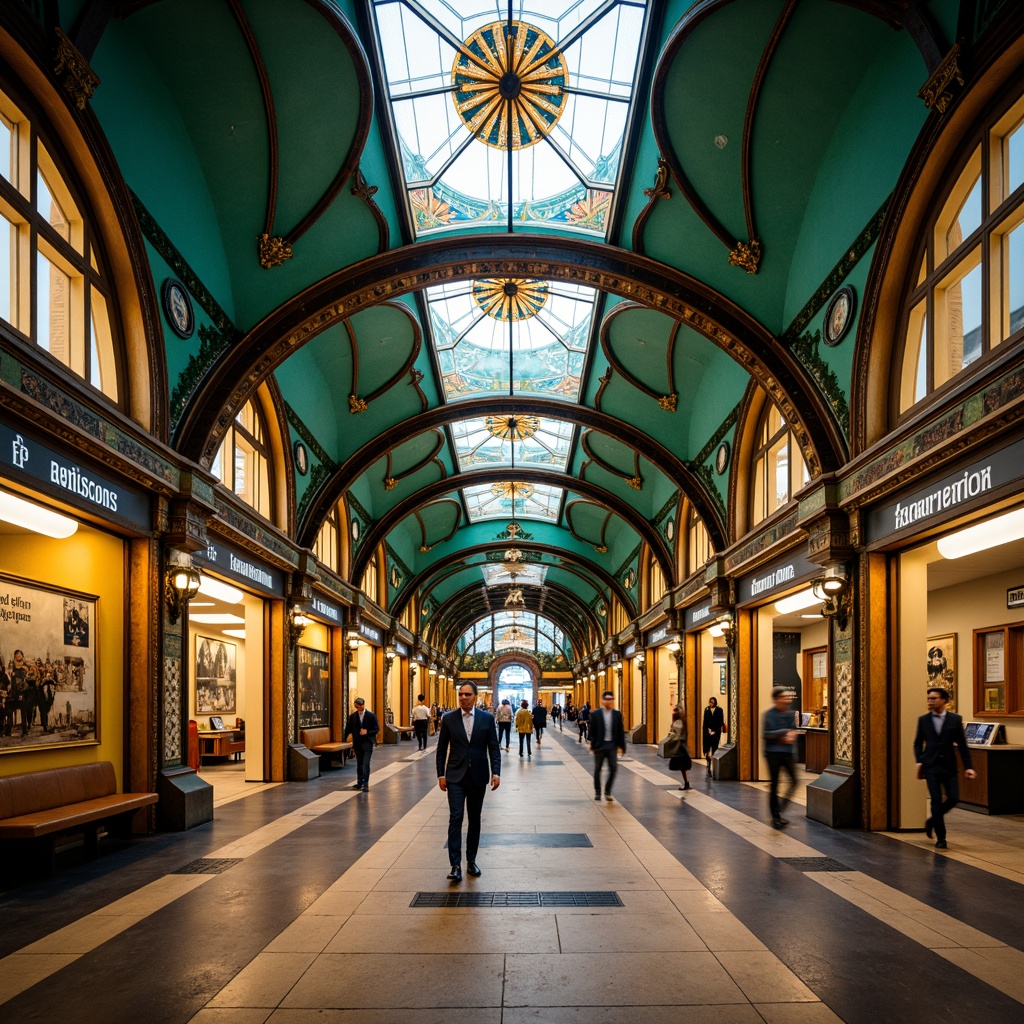 Prompt: Vibrant metro station, Art Nouveau architecture, ornate ironwork, flowing organic lines, elegant curves, luxurious materials, rich jewel-toned colors, emerald green walls, sapphire blue ceilings, amber glass accents, polished brass fixtures, intricate mosaics, ornate tile patterns, vintage advertisements, nostalgic signage, soft warm lighting, shallow depth of field, 2/3 composition, symmetrical framing, realistic textures, ambient occlusion.