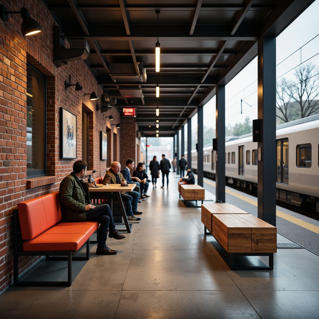 Prompt: Modern train station, industrial chic atmosphere, exposed brick walls, metallic beams, sleek wooden benches, vibrant colored cushions, minimalist metal frames, ergonomic seating design, ample legroom, built-in charging stations, USB outlets, ambient warm lighting, shallow depth of field, 1/1 composition, realistic textures, soft focus effect, busy commuter scene, rush hour atmosphere, blurred motion effects.