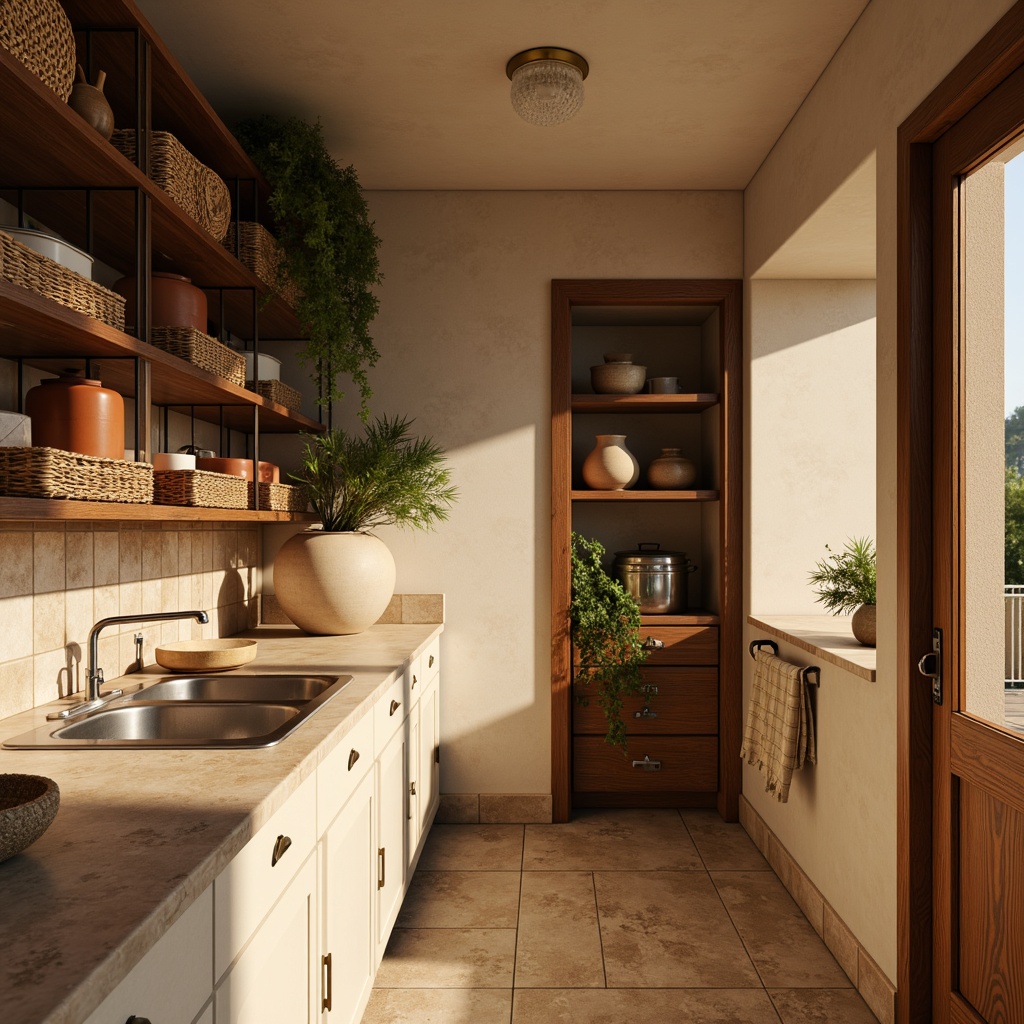 Prompt: Cozy pantry, warm beige walls, rich wood tones, soft cream accents, natural stone countertops, rustic metal shelves, woven baskets, earthy terracotta pots, vintage kitchenware, warm golden lighting, shallow depth of field, 1/2 composition, realistic textures, ambient occlusion.