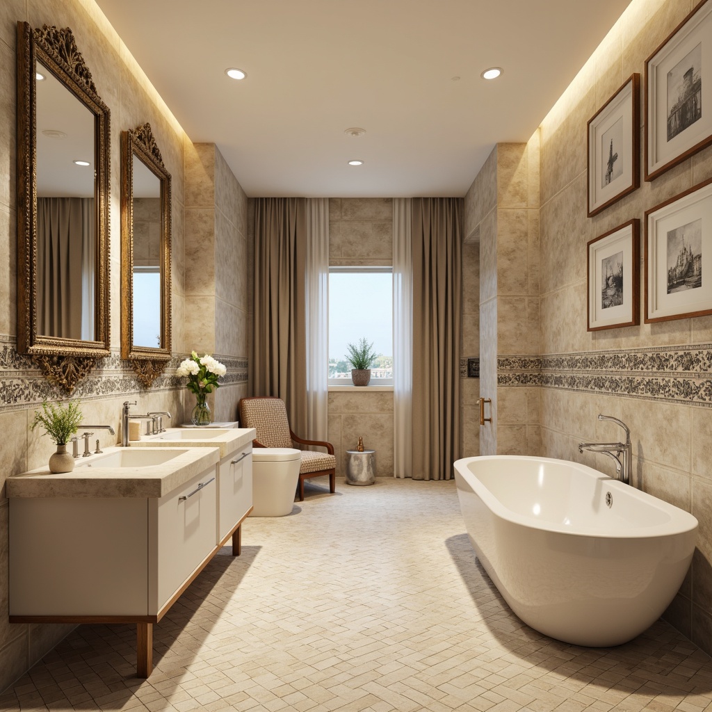 Prompt: Elegant bathroom, neutral color palette, warm beige tones, creamy whites, soft grays, natural stone accents, ornate mirror frames, polished chrome fixtures, wall-mounted vanities, freestanding tubs, rainfall showerheads, glass tile backsplashes, hexagonal floor tiles, herringbone patterned walls, Moroccan-inspired geometric motifs, LED ambient lighting, warm soft glow, 1/1 composition, realistic textures, shallow depth of field.