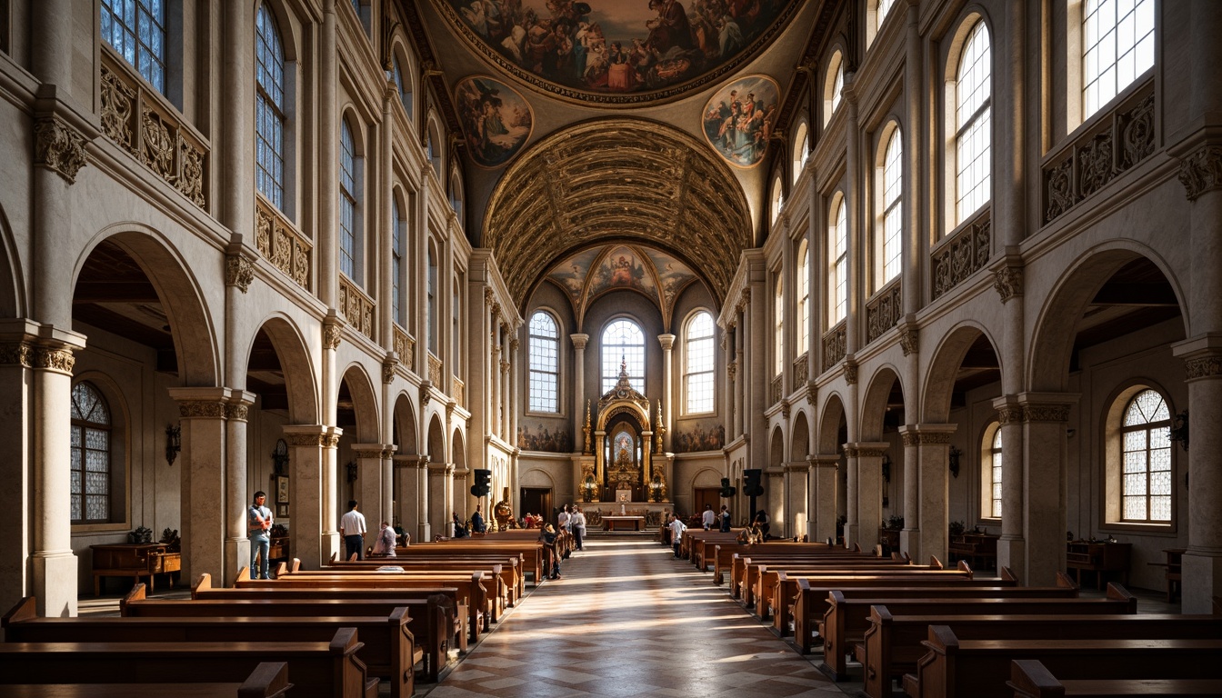 Prompt: Grandiose cathedral interior, vaulted ceilings, ornate frescoes, stained glass windows, intricate stone carvings, polished marble floors, wooden pews, majestic altar, soaring columns, dramatic archways, soft warm lighting, subtle shadows, 1/1 composition, high-angle shot, realistic textures, ambient occlusion.