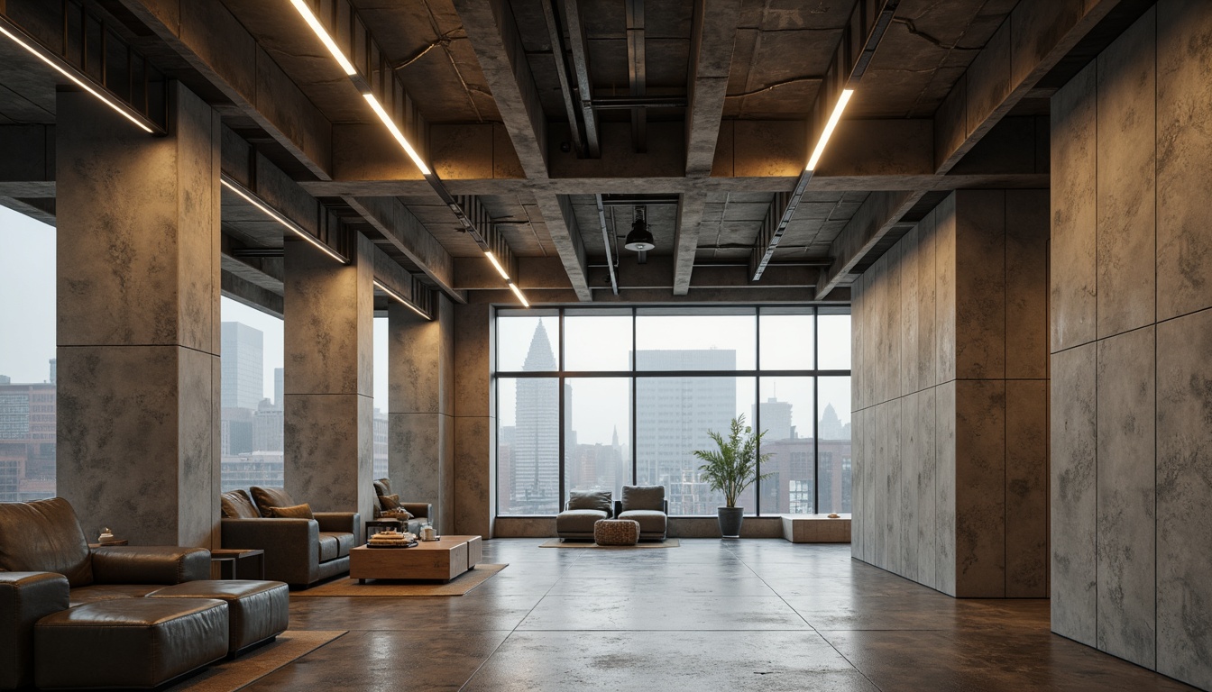 Prompt: Exposed concrete walls, brutalist architecture, industrial-style lighting fixtures, steel beams, raw metal accents, distressed wood flooring, muted color palette, cold grey tones, beige stone textures, functional minimalist design, angular lines, dramatic shadows, high ceilings, large windows, natural light pouring in, urban cityscape views, misty rainy day, soft warm lighting, shallow depth of field, 2/3 composition, cinematic atmosphere.