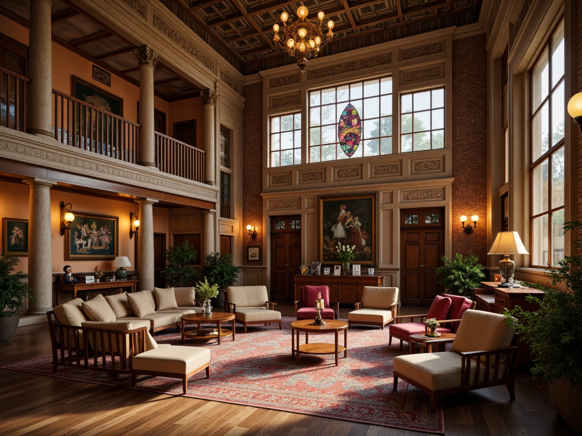 Prompt: Richly detailed courthouse interior, eclectic decor, warm wood accents, plush furnishings, ornate moldings, distressed brick walls, vintage lighting fixtures, reclaimed wood floors, polished marble countertops, vibrant colorful artwork, natural stone columns, grand staircases, elegant chandeliers, soft warm lighting, 1/1 composition, shallow depth of field, realistic textures, ambient occlusion.