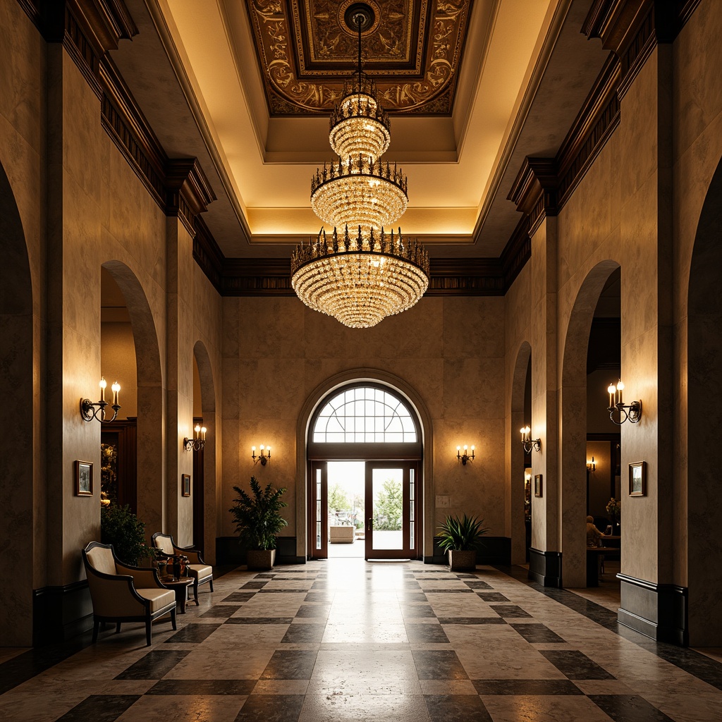 Prompt: Grand chandelier, ornate metalwork, crystal droplets, warm golden lighting, marble floors, high ceilings, neoclassical architecture, symmetrical composition, grand entrance, stately columns, archways, rustic wooden accents, vintage industrial fixtures, exposed ductwork, distressed textures, softbox lighting, 1/2 composition, atmospheric perspective, realistic reflections.