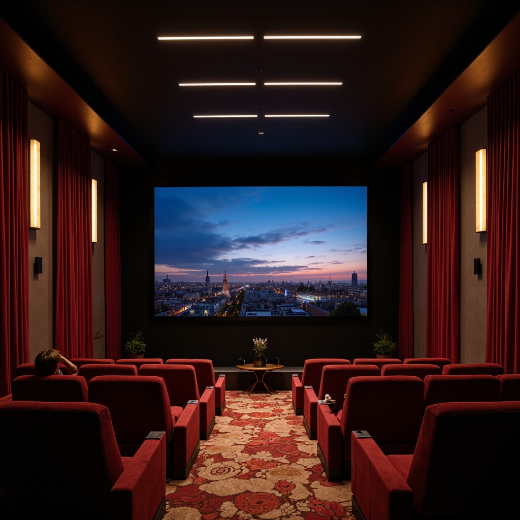 Prompt: Contemporary cinema interior, sleek screen placement, premium sound systems, plush reclining seats, darkened ambiance, velvet curtains, cinematic lighting, high ceilings, atmospheric fog effects, 3D projection technology, wide screens, immersive viewing experiences, luxurious carpets, bronze accents, minimalist d\u00e9cor, modern architecture, urban cityscape views, evening atmosphere, soft warm lighting, shallow depth of field, 2/3 composition, cinematic framing.