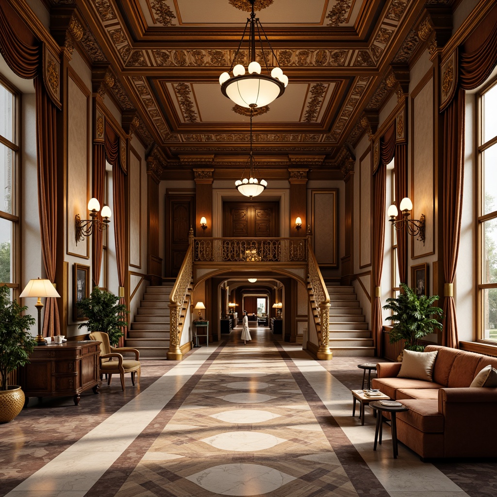 Prompt: \Elegant hall interior, neoclassical architecture, ornate chandeliers, marble floors, grand staircase, intricately carved wooden furniture, velvet upholstery, gilded accents, rich tapestries, lavish drapery, symmetrical compositions, warm golden lighting, soft focus, 1/1 composition, classical proportions, refined textures, subtle ambient occlusion.\Let me know if you need any adjustments!