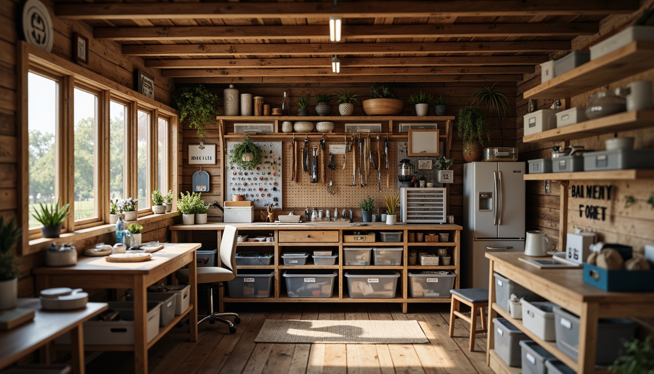 Prompt: Cozy crafting studio, wooden workbenches, organized storage units, transparent plastic bins, labeled drawers, stacked shelves, metal pegboards, hanging tool organizers, rustic wood accents, soft warm lighting, shallow depth of field, 3/4 composition, panoramic view, realistic textures, ambient occlusion.