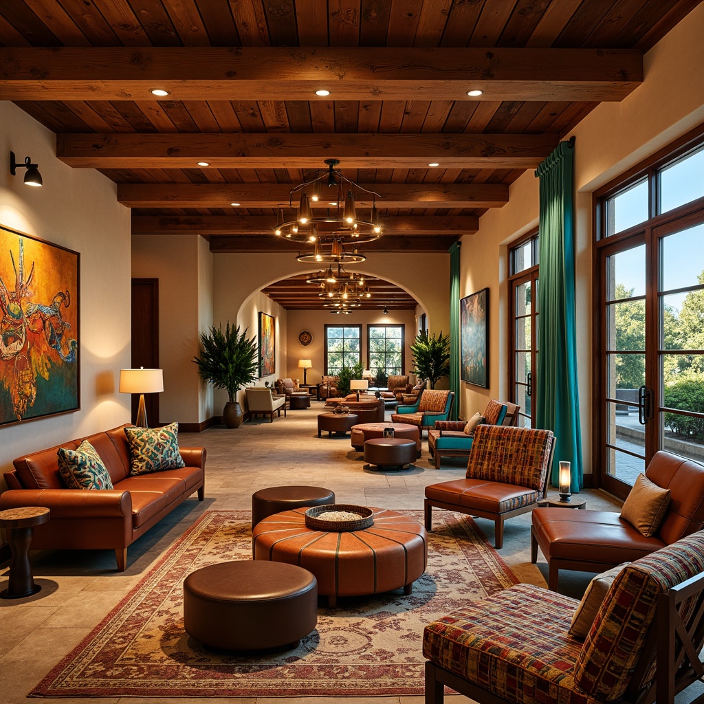 Prompt: Southwestern-style casino interior, warm earthy tones, rustic wooden accents, turquoise and sienna hues, patterned textiles, woven baskets, natural stone flooring, rich leather upholstery, ornate metalwork, pendant lighting fixtures, abstract Native American-inspired artwork, vibrant color schemes, bold geometric shapes, luxurious comfort zones, plush area rugs, oversized armchairs, sleek wooden tables, ambient warm lighting, 1/2 composition, soft focus effect.