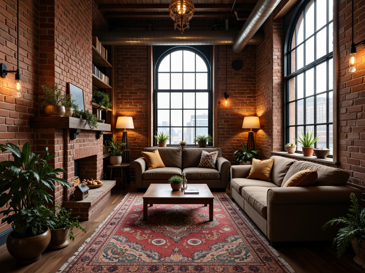 Prompt: Whimsical industrial loft, exposed brick walls, reclaimed wood accents, metallic pendant lamps, eclectic vintage furniture, colorful Moroccan tiles, plush area rugs, bohemian textiles, warm golden lighting, softbox diffusers, LED strip lights, dimmable fixtures, cozy reading nooks, atmospheric ambiance, dramatic shadows, rustic metal chandeliers, Edison bulbs, natural stone features, urban cityscape views, cloudy day, soft focus, 1/2 composition.