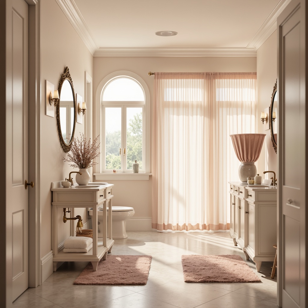 Prompt: Soft powder room ambiance, calming pastel hues, creamy whites, gentle peach tones, subtle gold accents, elegant marble countertops, ornate mirrors, plush area rugs, delicate florals, warm soft lighting, shallow depth of field, 1/1 composition, realistic textures, ambient occlusion.