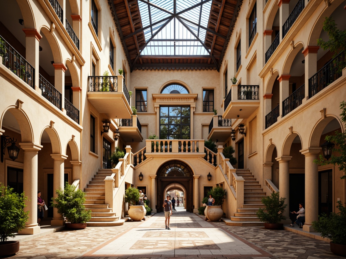 Prompt: Grand courthouse facade, eclectic style, ornate stonework, intricately carved archways, grand staircases, decorative ironwork, vibrant color schemes, patterned tile floors, wooden accents, stained glass ceilings, majestic columns, classical pediments, ornate clock towers, historic landmark, bright sunny day, soft warm lighting, shallow depth of field, 3/4 composition, realistic textures, ambient occlusion.