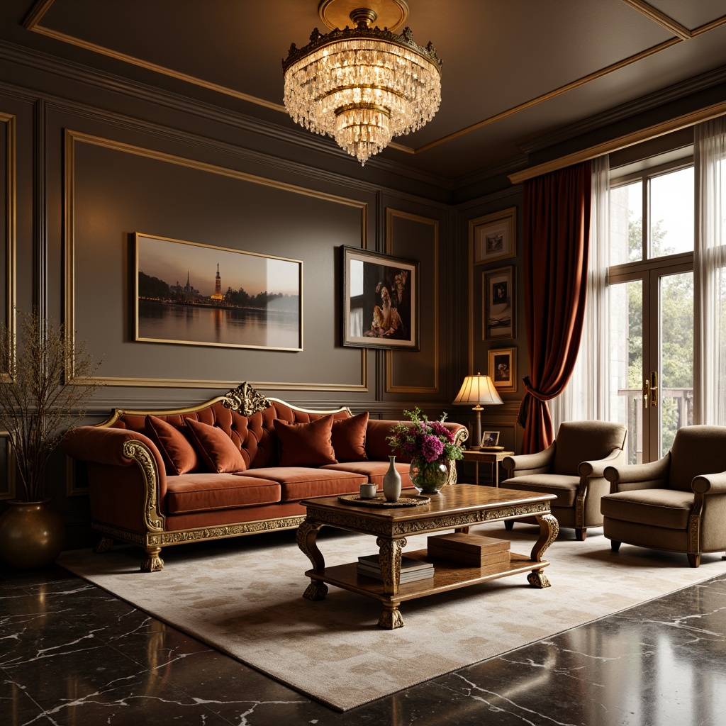 Prompt: Elegant living room, luxurious velvet sofa, ornate wooden coffee table, refined marble floors, lavish crystal chandelier, soft golden lighting, 1/1 composition, shallow depth of field, realistic textures, ambient occlusion.