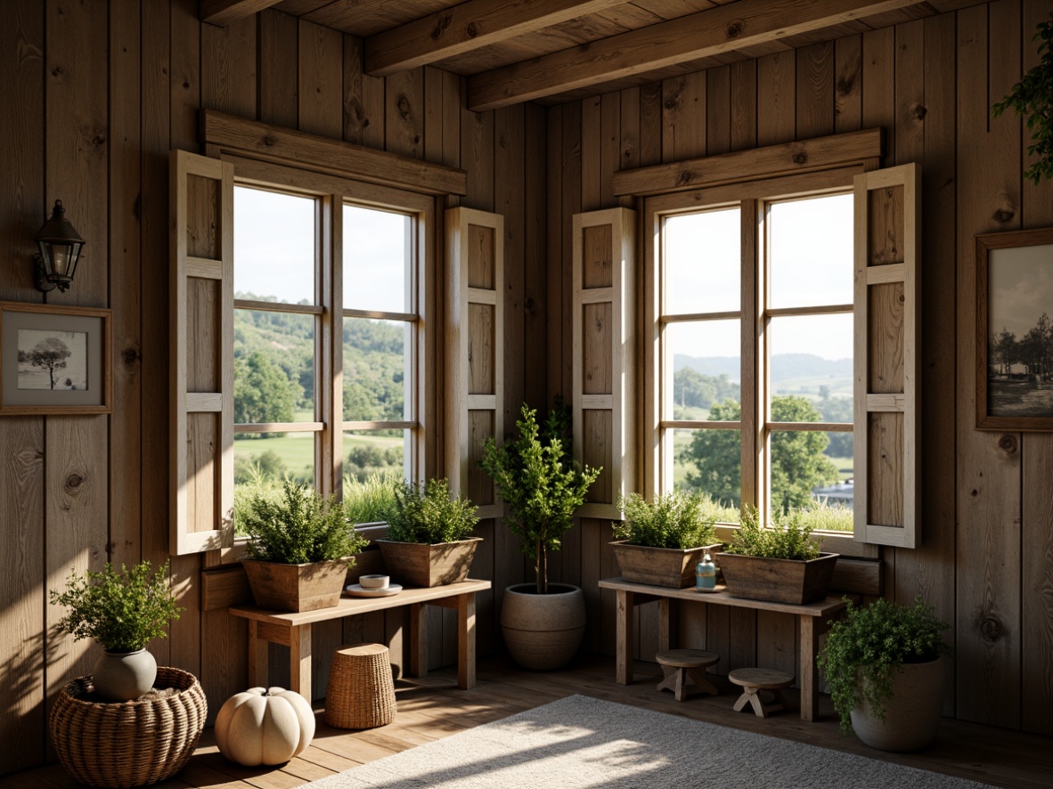 Prompt: Rustic farmhouse, wooden accents, vintage window frames, double-hung windows, shutters, flower boxes, distressed wood siding, country-inspired decor, natural light pouring in, warm cozy atmosphere, soft diffused lighting, shallow depth of field, 1/1 composition, symmetrical view, realistic textures, ambient occlusion, overcast sky, lush greenery surroundings, rolling hills, countryside scenery.