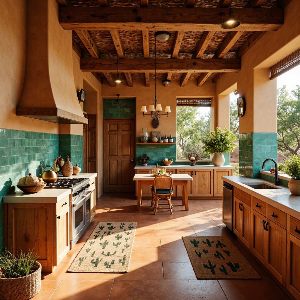 Prompt: Southwestern kitchen, warm terracotta floors, rustic wooden cabinets, earthy stucco walls, vibrant turquoise accents, natural stone countertops, woven wicker furniture, desert-inspired textiles, pendant lighting fixtures, modern appliances, ceramic tiles, sandy beige backsplash, cactus-patterned rugs, warm golden lighting, shallow depth of field, 1/1 composition, realistic textures, ambient occlusion.