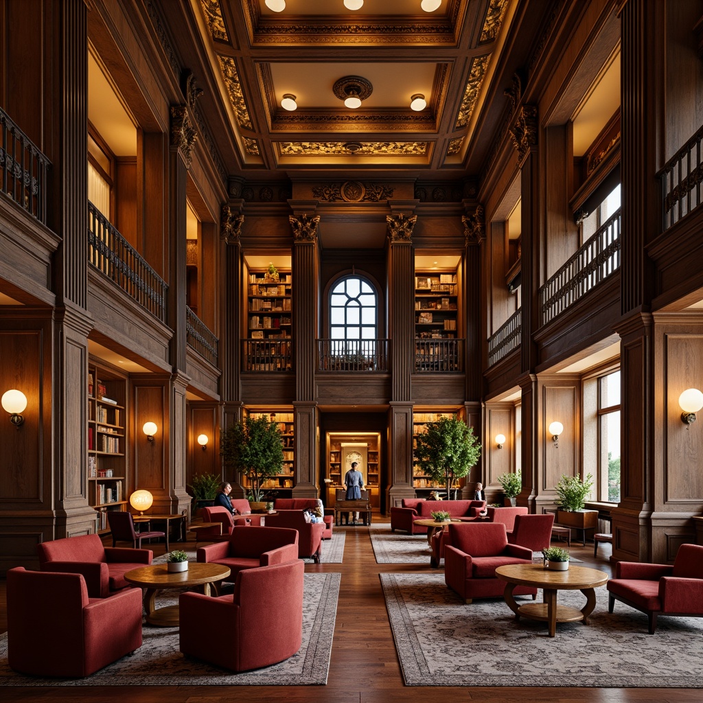 Prompt: Elegant library interior, grand high ceiling, ornate moldings, rich wood paneling, comfortable seating areas, plush velvet armchairs, polished bronze tables, intricate carvings, classic columns, soft warm lighting, shallow depth of field, 3/4 composition, panoramic view, realistic textures, ambient occlusion, neoclassical architecture, symmetrical design, subtle ornateness, sophisticated color palette, luxurious fabrics, refined details, quiet atmosphere, studious ambiance.