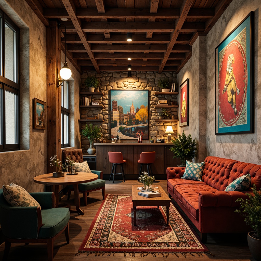 Prompt: Rustic wooden accents, distressed metal surfaces, rough-hewn stone walls, vibrant colorful murals, eclectic patterned rugs, plush velvet upholstery, ornate gold fixtures, soft warm lighting, cozy intimate atmosphere, shallow depth of field, 1/2 composition, realistic textures, ambient occlusion.