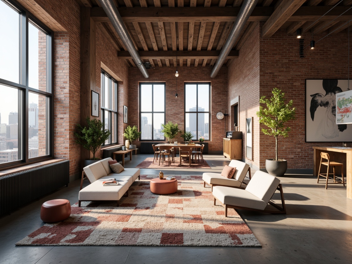 Prompt: Industrial chic loft, exposed brick walls, polished concrete floors, reclaimed wood accents, eclectic art pieces, vintage furniture, urban cityscape views, large windows, natural light pouring in, modern minimalist decor, cozy reading nooks, plush area rugs, abstract patterned textiles, warm ambient lighting, shallow depth of field, 1/1 composition, realistic textures, soft focus effect.