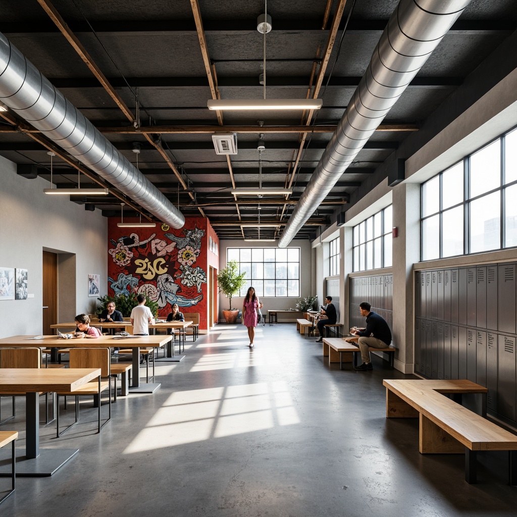 Prompt: Exposed ductwork, polished concrete floors, industrial-style lighting fixtures, modern metal lockers, sleek wooden benches, urban-inspired graffiti walls, open-concept classrooms, collaborative workspaces, minimalist decorative elements, reclaimed wood accents, steel beams, industrial-chic color schemes, natural light pouring in through floor-to-ceiling windows, 3/4 composition, shallow depth of field, realistic textures, ambient occlusion.