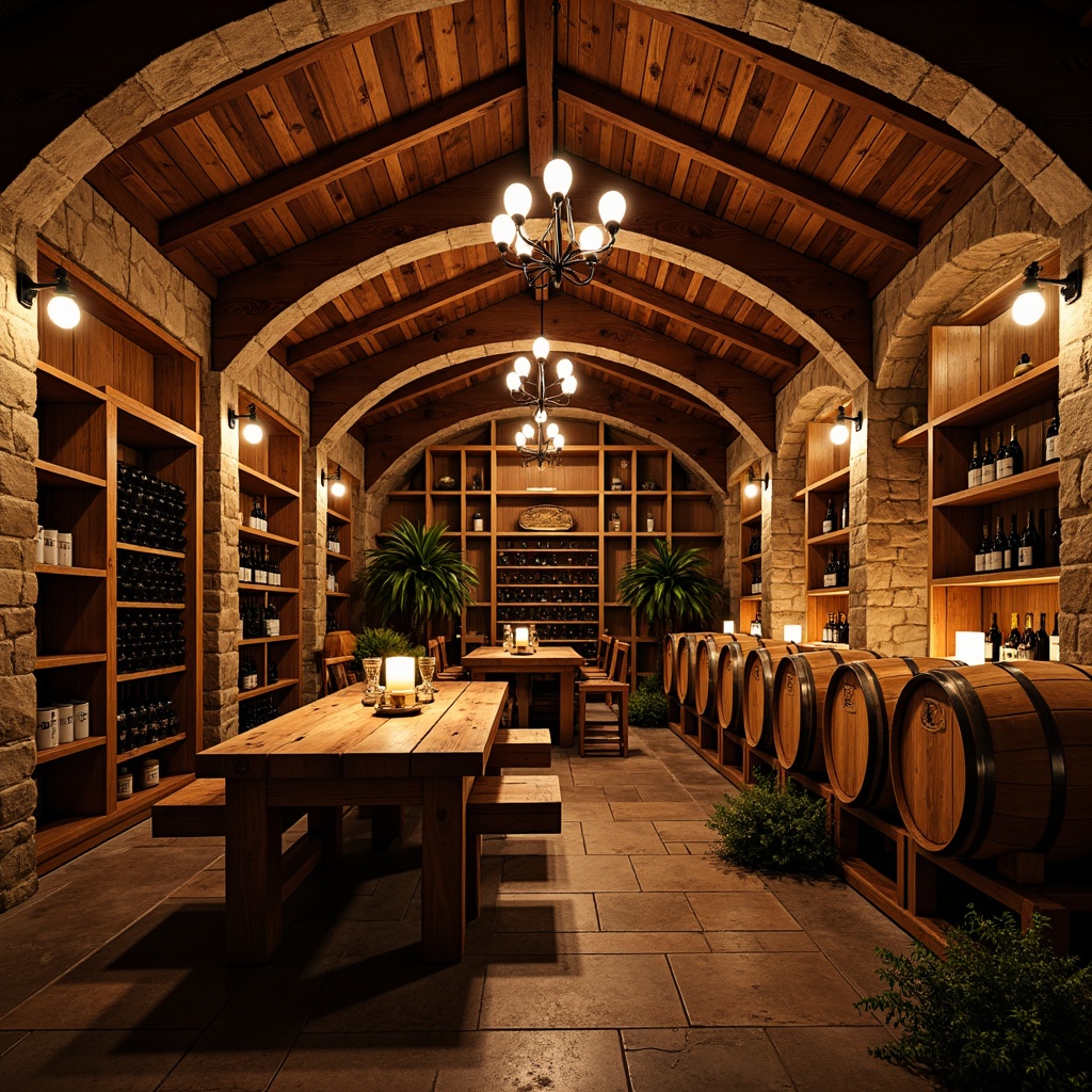 Prompt: Rustic wooden wine cellar, warm ambient lighting, rich wood tones, stone walls, vaulted ceilings, wrought iron chandeliers, pendant lanterns, candlelit tables, dimmable LED strips, warm color temperature, soft shadows, cozy nooks, built-in wine racks, wooden barrels, vintage wine-making equipment, earthy color palette, natural stone flooring, distressed wooden crates, romantic atmosphere, intimate gathering spaces, dramatic ceiling height, ornate metalwork details.