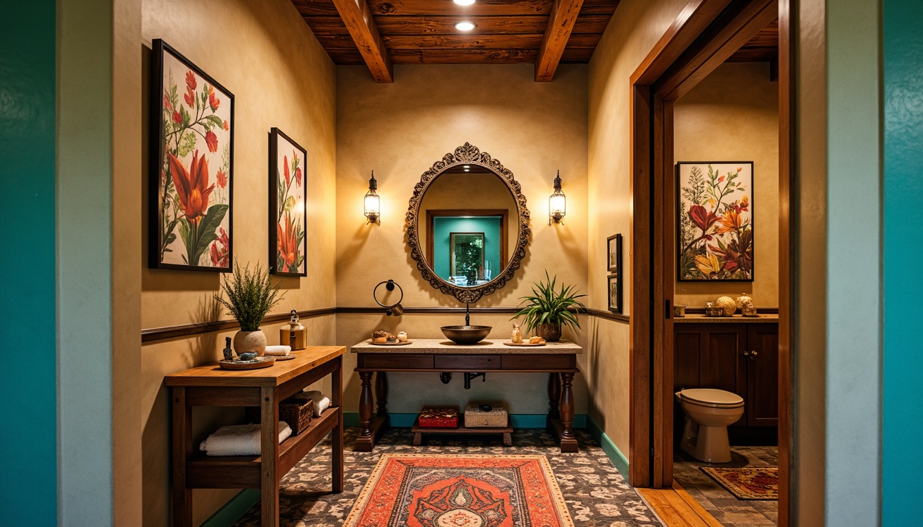 Prompt: Vibrant southwestern powder room, turquoise accents, warm beige walls, rustic wooden vanity, ornate metal fixtures, colorful woven textiles, patterned ceramic tiles, desert-inspired botanical prints, ambient soft lighting, shallow depth of field, 1/1 composition, intimate atmosphere, luxurious fabrics, earthy tones, natural stone countertops, Southwestern-style accessories, decorative mirrors, subtle fragrance, warm color palette, inviting ambiance.