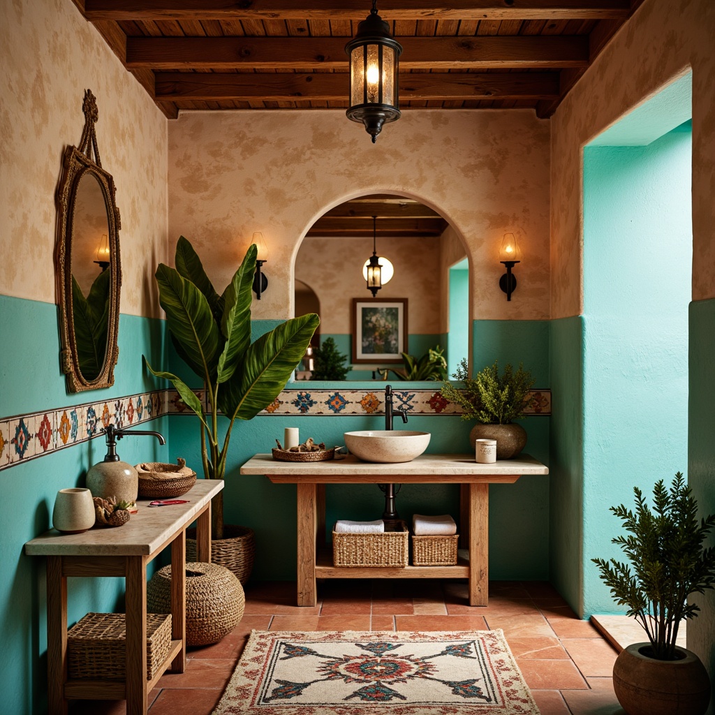 Prompt: Southwestern-inspired powder room, turquoise accents, rustic wooden vanities, woven wicker furniture, vibrant Aztec patterns, terracotta floors, earthy tone walls, natural stone countertops, pendant lanterns, distressed metal fixtures, vintage tribal textiles, lush greenery, desert botanicals, warm ambient lighting, shallow depth of field, 1/1 composition, realistic textures, soft focus blur.