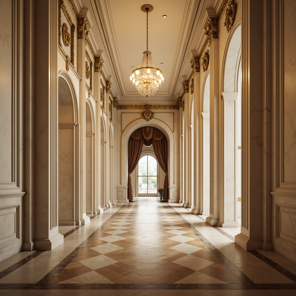 Prompt: Elegant wainscoting, ornate moldings, soft cream walls, subtle texture, classical columns, symmetrical composition, grand scale, lavish chandelier, rich wood paneling, intricate carvings, velvet drapes, subtle sheen, warm golden lighting, shallow depth of field, 1/1 composition, realistic textures, ambient occlusion.