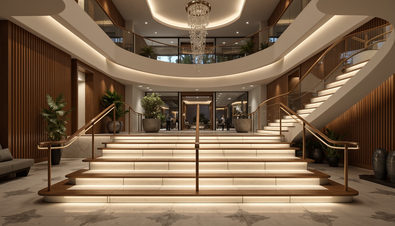 Prompt: Sleek modern staircase, minimalist design, polished metal handrails, glass balustrades, LED strip lighting, warm white glow, soft ambient illumination, recessed lights, indirect cove lighting, futuristic ambiance, high-ceiling entrance hall, luxurious interior, marble floors, elegant curves, suspended light fixtures, crystal chandeliers, dramatic shadows, 1/1 composition, low-key lighting, realistic reflections.