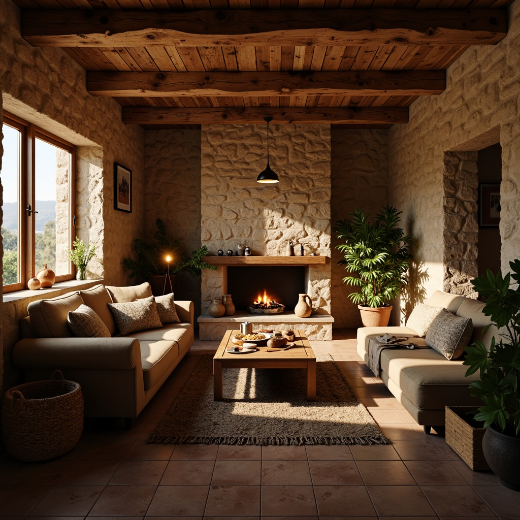 Prompt: Cozy living room, textured stone walls, warm earthy tones, soft candlelight, plush area rug, comfortable sofa, rustic wooden furniture, natural fabric upholstery, vintage decorative items, rich wood accents, ambient warm lighting, shallow depth of field, 1/1 composition, inviting atmosphere, relaxing ambiance.