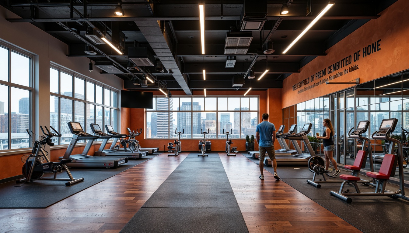 Prompt: Modern fitness club, industrial-chic atmosphere, high-traffic flooring, shock-absorbing rubber floors, textured non-slip surfaces, heavy-duty exercise equipment, free weights, treadmills, stationary bikes, mirrored walls, LED lighting, motivational quotes, soundproofing insulation, acoustic panels, cleanable surfaces, anti-microbial coatings, durable materials, vibrant color schemes, energetic ambiance, functional layout, open spaces, natural ventilation, large windows, urban city views.