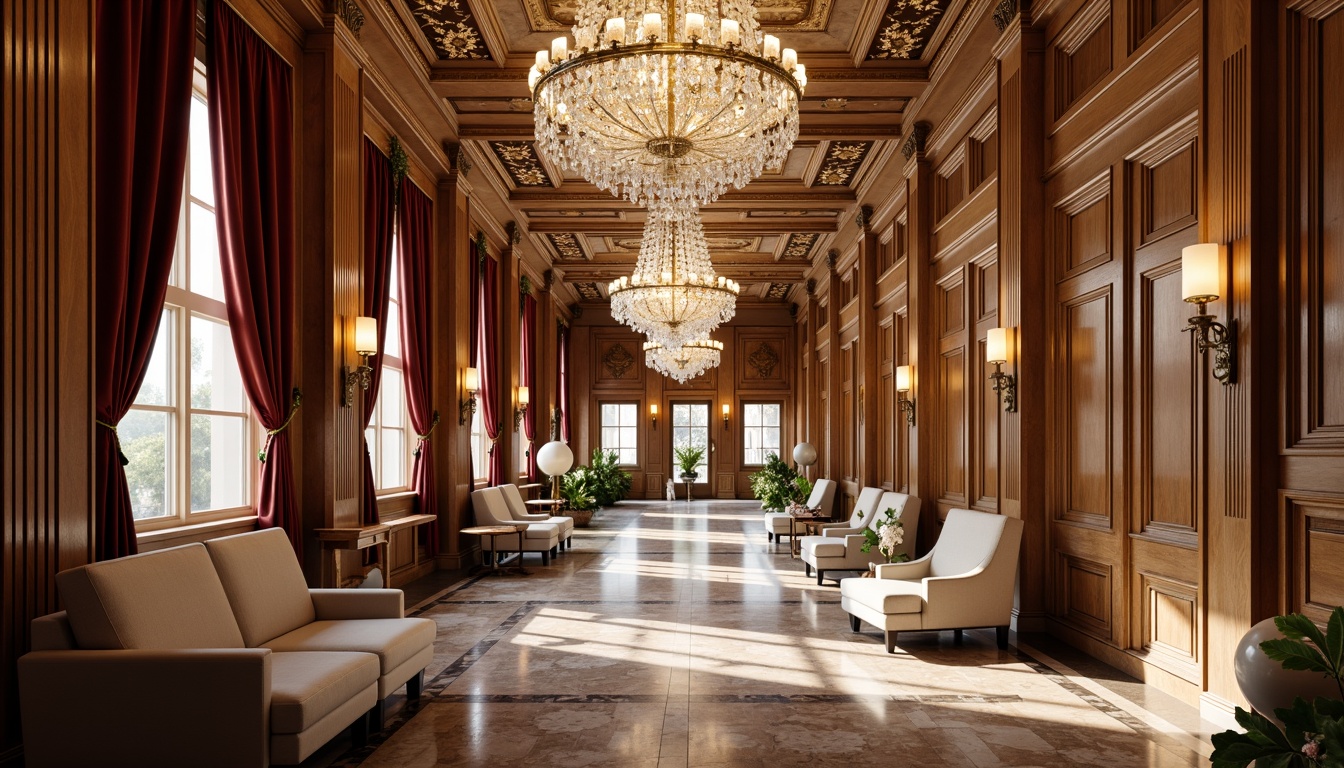 Prompt: Luxurious hall, neoclassical interior design, high ceilings, ornate moldings, crystal chandeliers, marble flooring, polished wooden panels, intricate carvings, gilded details, velvet drapes, satin fabrics, rich upholstery, soft warm lighting, shallow depth of field, 3/4 composition, realistic textures, ambient occlusion, subtle reflections, elegant furnishings, refined accessories.