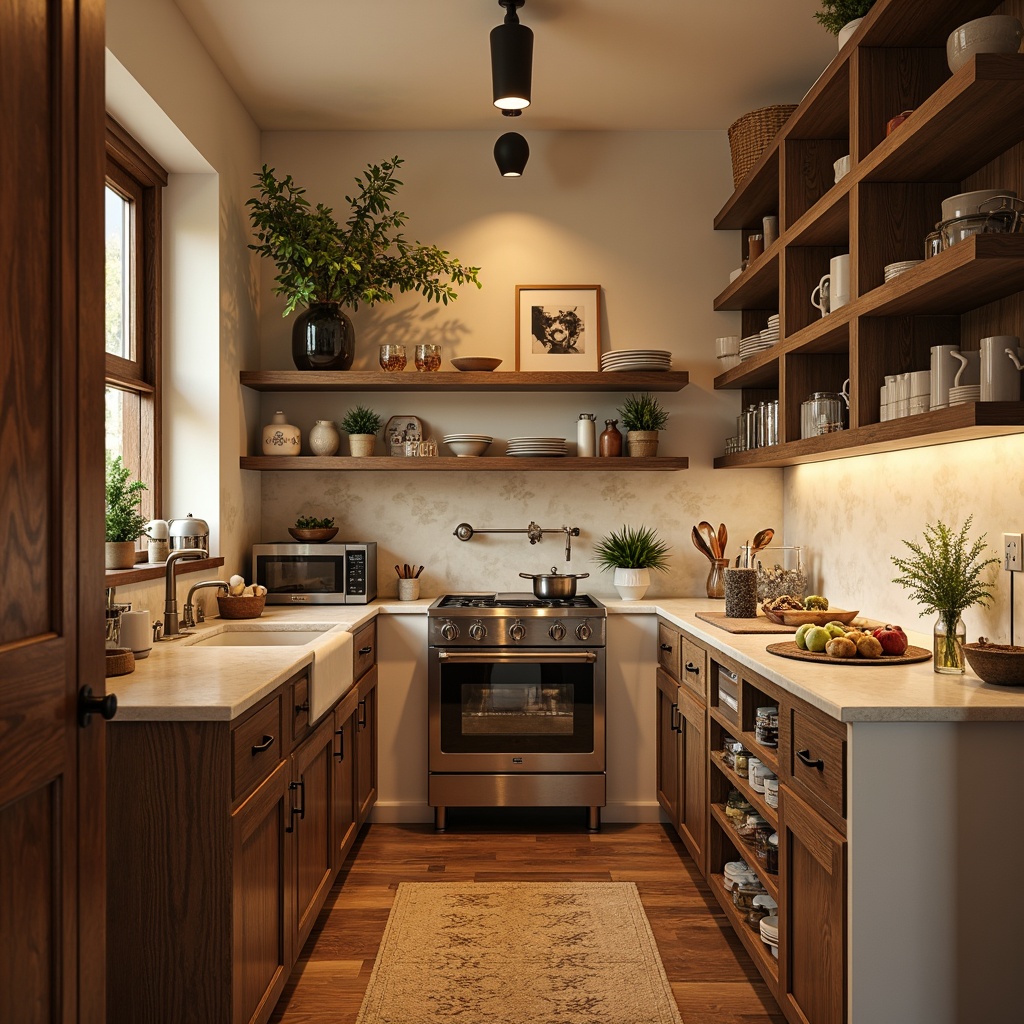 Prompt: Cozy pantry, warm earthy tones, soft creamy whites, rich wood accents, natural stone countertops, rustic metal shelves, vintage decorative items, ambient warm lighting, shallow depth of field, 1/1 composition, realistic textures, subtle shadowing.