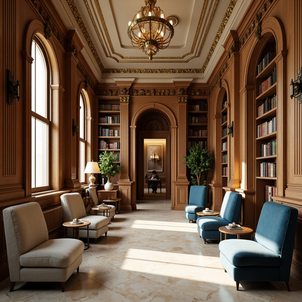 Prompt: Elegant library interior, neoclassical architectural style, ornate columns, rich wood tones, cream-colored marble floors, warm golden lighting, comfortable reading nooks, plush velvet furniture, intricate moldings, subtle archways, sophisticated color palette, muted earthy hues, soft blues, warm beiges, creamy whites, rich walnut paneling, classic bookshelves, leather-bound tomes, ornate chandeliers, soft natural textures, shallow depth of field, 1/1 composition, realistic reflections.