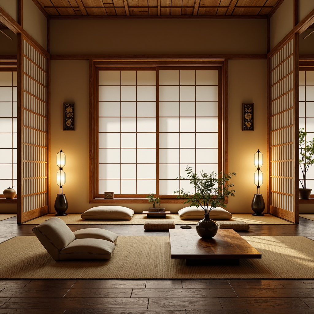 Prompt: Serenely lit interior spaces, traditional Japanese shoji screens, sliding rice paper doors, intricately carved wooden accents, low-seated tatami mats, minimalist coffee tables, handcrafted ceramic vases, bonsai plants, delicate paper lanterns, natural wood tones, subtle textile patterns, warm beige color schemes, ambient soft lighting, 1/1 composition, realistic wood textures, depth of field focus on furniture.