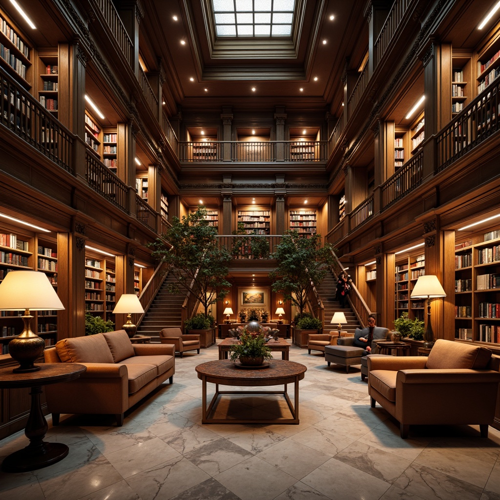 Prompt: Elegant library interior, neoclassical architecture, high ceilings, ornate moldings, grand staircases, wooden paneling, leather-bound books, reading lamps, comfortable sofas, armchairs, coffee tables, marble floors, intricate patterns, subtle lighting, warm color palette, rich textures, 3/4 composition, symmetrical arrangement, realistic materials, ambient occlusion.