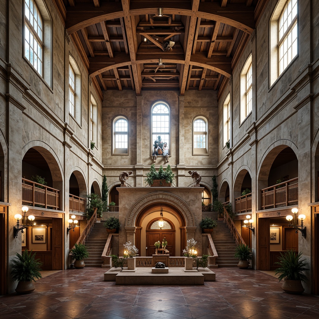 Prompt: Grand courthouse building, eclectic mix of architectural styles, ornate clock tower, rusticated stone walls, arched windows, Corinthian columns, intricate carvings, grand staircase, polished marble floors, ornate chandeliers, rich wood paneling, decorative moldings, subtle color palette, warm natural lighting, shallow depth of field, 1/1 composition, symmetrical view, realistic textures, ambient occlusion.