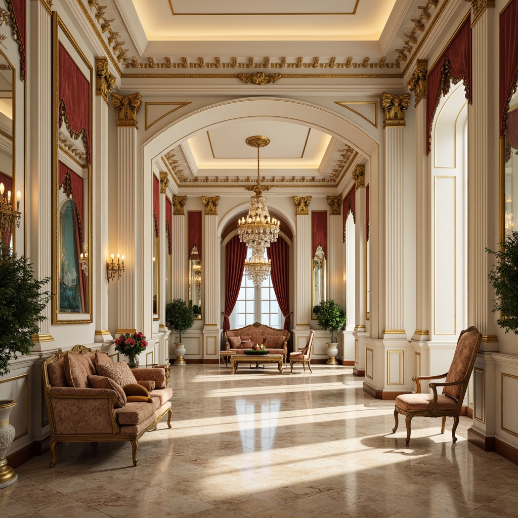 Prompt: Elegant Neoclassical interior, richly ornate moldings, creamy white walls, warm beige marble floors, soft golden lighting, opulent furnishings, velvet drapes, intricate wooden paneling, gilded accents, subtle turquoise undertones, refined crimson highlights, ornate mirrors, crystal chandeliers, lavish tapestries, stately columns, grand archways, harmonious balance of contrasts, 1/1 composition, warm softbox lighting, realistic reflections, ambient occlusion.