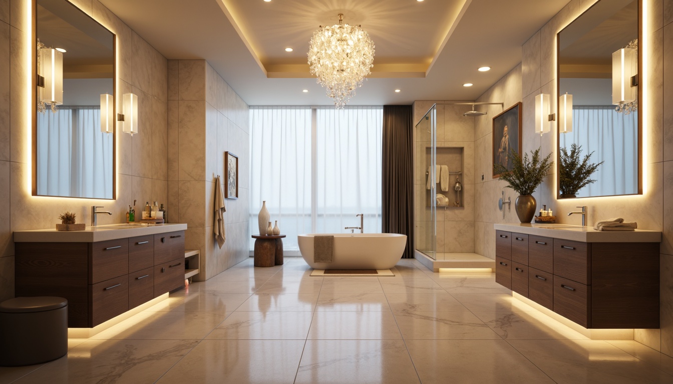 Prompt: Elegant bathroom, soft warm lighting, polished chrome fixtures, crystal chandelier, LED strip lights, ambient glow, frosted glass shades, minimalist design, neutral color palette, porcelain tiles, freestanding tub, rainfall showerhead, marble countertops, wooden cabinets, subtle texture contrasts, natural stone accents, 1/1 composition, shallow depth of field, soft focus.