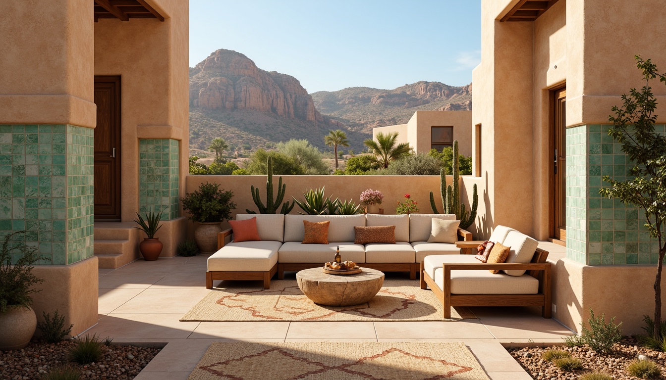 Prompt: Earth-toned adobe-style buildings, textured stucco walls, rustic wooden accents, vibrant turquoise decorative tiles, warm sandy beige floors, plush southwestern-patterned rugs, natural woven fibers, rattan furniture, cacti plants, desert landscape views, clear blue skies, warm sunny days, soft warm lighting, shallow depth of field, 3/4 composition, panoramic view, realistic textures, ambient occlusion.