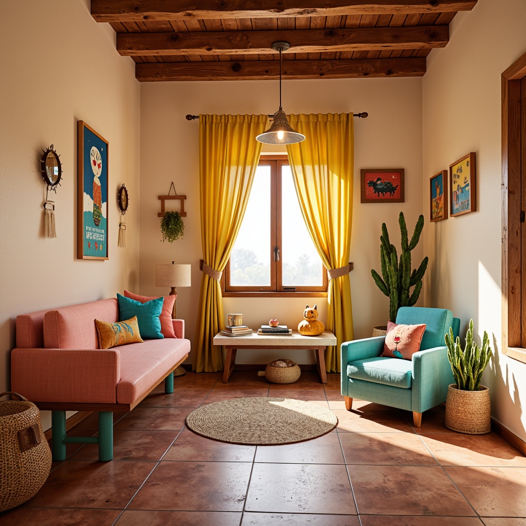 Prompt: Vibrant kids' room, southwestern style, warm beige walls, turquoise accents, coral pink furniture, sunny yellow decorations, terracotta tile floors, woven textiles, natural fibers, rattan storage baskets, colorful Navajo-inspired patterns, geometric shapes, playful cacti decorations, wooden desk with turquoise legs, comfortable reading nook, soft warm lighting, shallow depth of field, 3/4 composition, realistic textures.