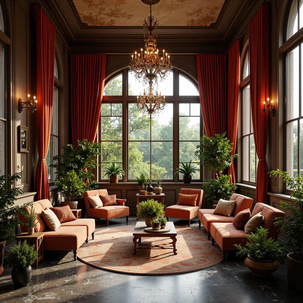 Prompt: Ornate sunroom, lavish furnishings, rich velvet drapes, golden chandeliers, crystal sconces, intricate bronze fixtures, warm softbox lighting, subtle gradient shading, opulent marble floors, ornamental mirrors, grandiose arched windows, dramatic drapery, luxurious textiles, 1/2 composition, high-contrast ratio, cinematic mood, warm color palette, ambient glow, realistic reflections.