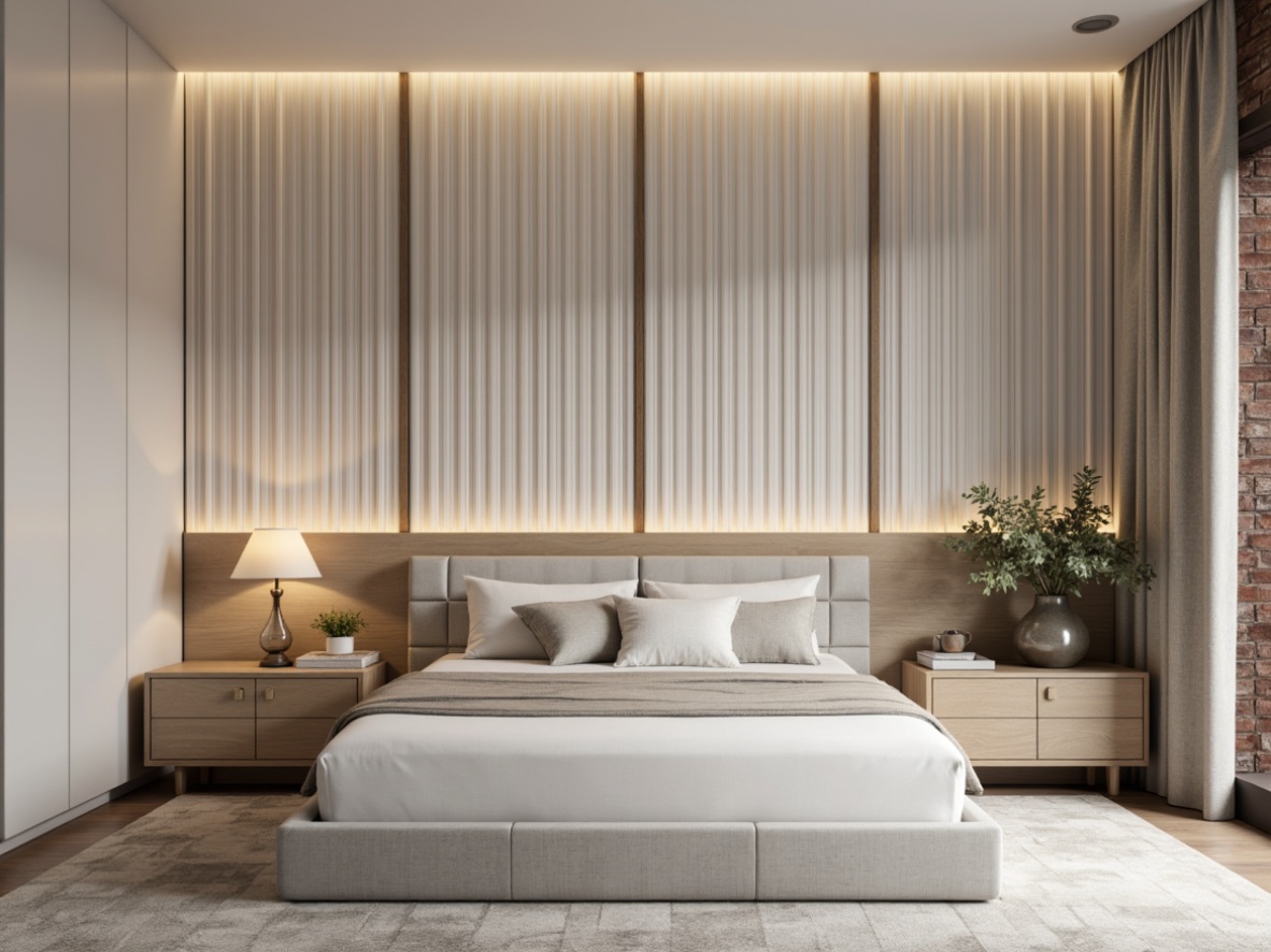 Prompt: Minimalist bedroom walls, soft pastel colors, subtle textures, sleek wooden panels, hidden storage compartments, floor-to-ceiling drapes, natural linen fabrics, industrial-chic metal accents, geometric patterned wallpaper, 3D sculpted wall designs, ambient LED lighting, shallow depth of field, 1/1 composition, realistic renderings, soft focus blur.