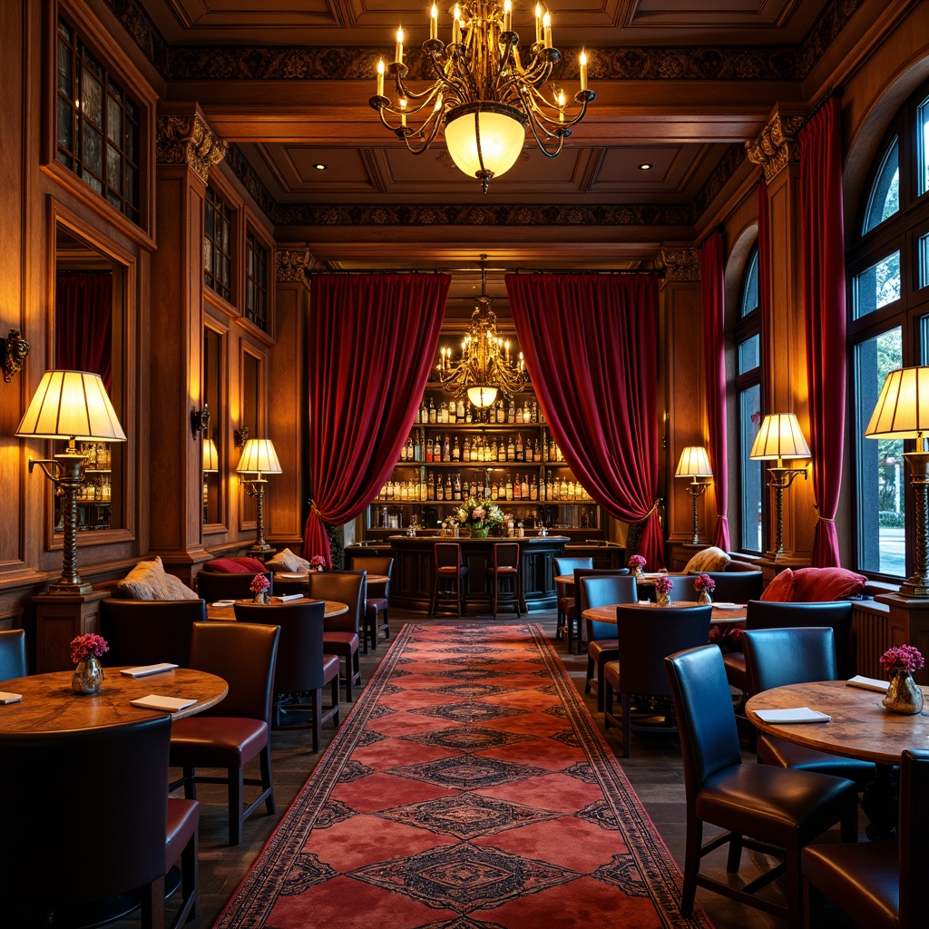 Prompt: Luxurious pub interior, rich wood accents, ornate furnishings, velvet upholstery, warm golden lighting, dark leather sofas, intricate patterns, bold reds, deep blues, warm neutrals, earthy tones, antique bronze fixtures, lavish chandeliers, plush area rugs, heavy drapery, ornamental mirrors, regal atmosphere, dramatic shadows, low-key backlighting, 1/2 composition, realistic textures, ambient occlusion.