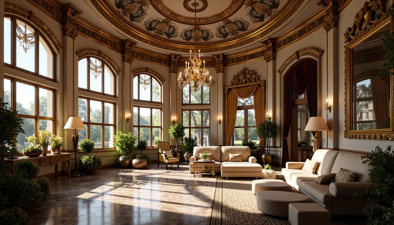 Prompt: Opulent sunroom, lavish furnishings, intricate carvings, gilded frames, ornate mirrors, crystal chandeliers, rich velvet drapes, golden accents, marble floors, ornamental plasterwork, curved lines, sweeping arches, grandiose proportions, soft warm lighting, dramatic shadows, 1/2 composition, atmospheric perspective, highly detailed textures, subtle specularity.