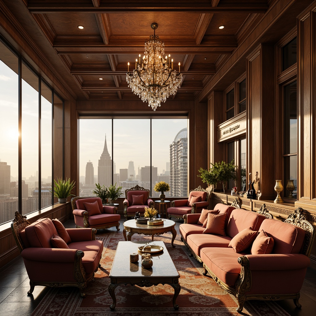 Prompt: Luxurious penthouse interior, classical ornate furniture, rich wood tones, velvet upholstery, gilded accents, marble countertops, crystal chandeliers, floor-to-ceiling windows, cityscape views, soft golden lighting, atmospheric ambiance, 1/1 composition, shallow depth of field, realistic textures, ambient occlusion.