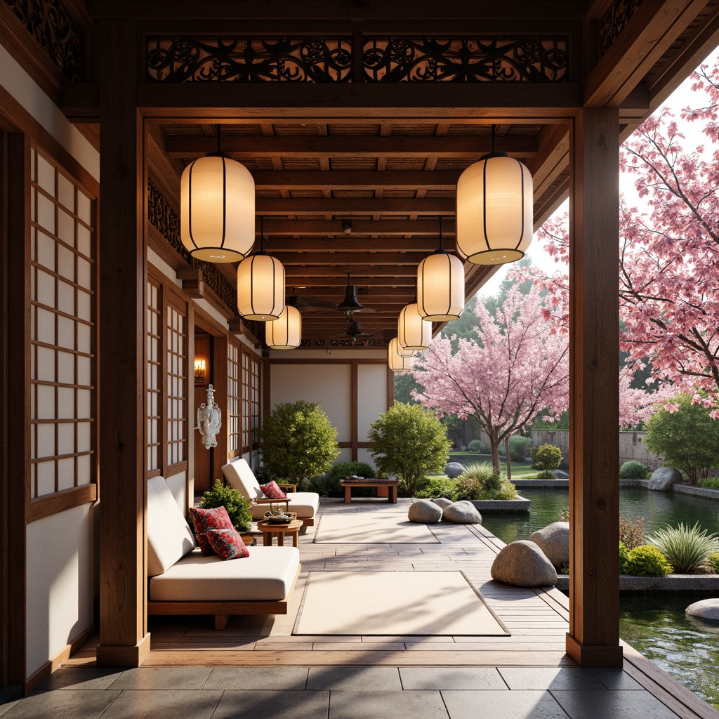 Prompt: Intricate wooden carvings, ornate paper lanterns, vibrant silk fabrics, delicate cherry blossoms, serene water features, tranquil garden spaces, natural stone pathways, elegant sliding doors, traditional tatami mats, subtle rice paper textures, warm soft lighting, shallow depth of field, 3/4 composition, panoramic view, realistic wood grain details, ambient occlusion.