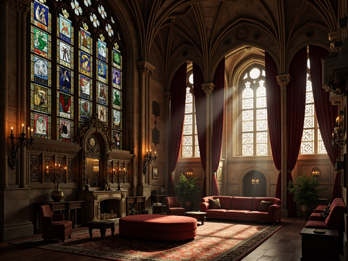 Prompt: Intricate stone carvings, ornate metalwork, mystical stained glass, grand cathedral-inspired windows, dark mysterious atmosphere, rich velvet drapes, luxurious furnishings, medieval-inspired decor, eerie candelabras, dramatic high ceilings, somber color palette, warm golden lighting, shallow depth of field, 1/2 composition, realistic textures, ambient occlusion.