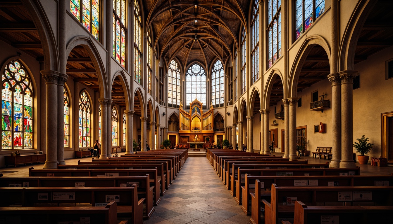 Prompt: Vibrant stained glass windows, intricate Gothic arches, ornate stone carvings, grandiose cathedral ceilings, elegant pews, rich wood tones, ornamental altar, majestic pipe organs, dramatic lighting effects, warm golden ambiance, soft diffused light, 1/1 composition, symmetrical framing, vivid color palette, detailed textures, realistic glass reflections, ambient occlusion.