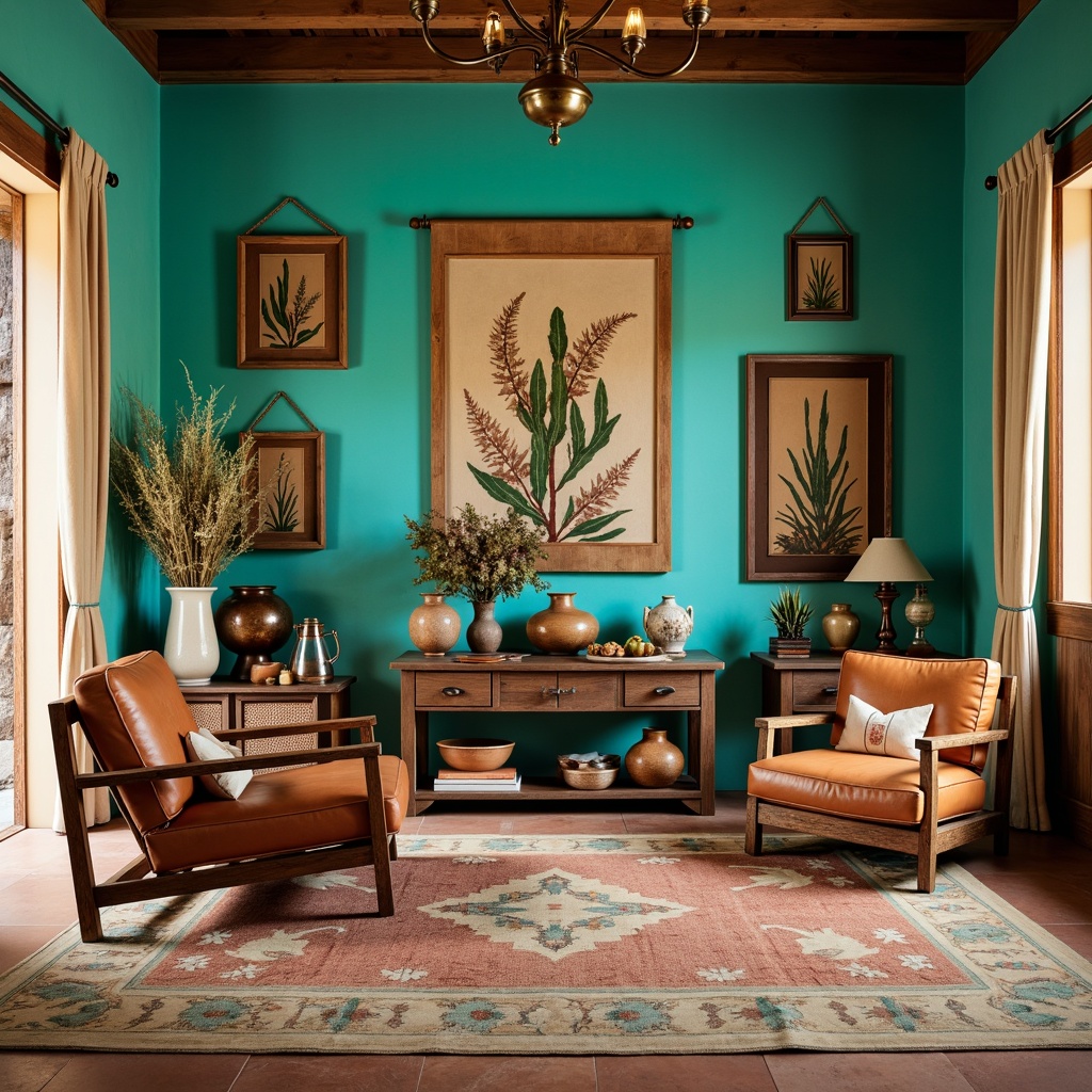 Prompt: Vibrant turquoise walls, rustic wooden furniture, woven Native American patterned rugs, desert-inspired botanical prints, earthy terracotta vases, distressed leather armchairs, vintage cowboy hats, antique bronze lanterns, warm golden lighting, soft beige curtains, natural fiber textiles, woven baskets, Southwestern-style tapestries, aged wood shelving, ceramic pottery accents, turquoise inlays, rustic metal hardware, arid landscape artwork, warm beige stone flooring.